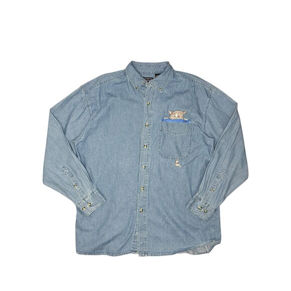 Vintage Cat Lovers Women’s Large Long Sleeve Button Down Denim Shirt Hipster 90s - Picture 4 of 5
